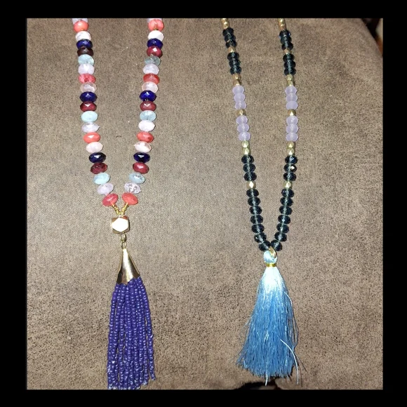 Two facet stone bead tassel  necklaces boho Chic colorful long - Picture 5 of 5